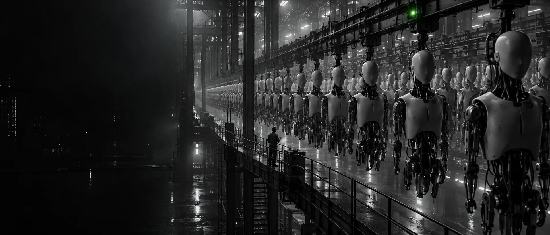Rows of unfinished androids on a conveyor, one engineer on a catwalk