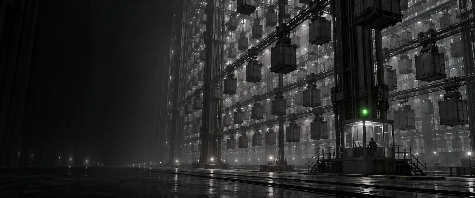A towering automated dispatch hall of hanging crates, one operator in a lit glass booth