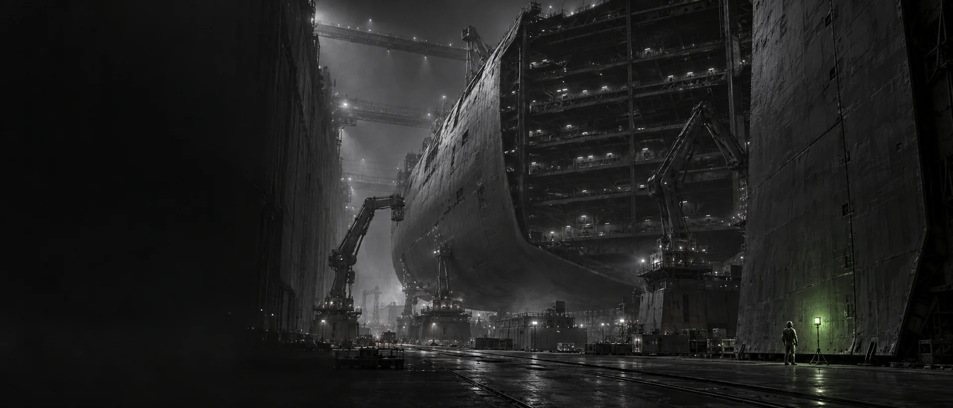 A vast dry dock with a hull under construction and robotic cranes, one worker beside a green lamp