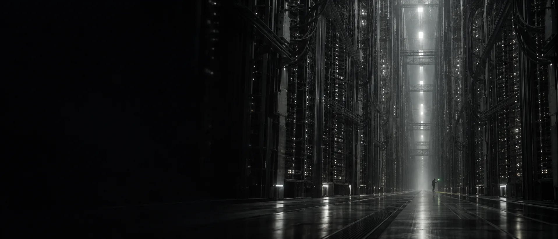 An endless data-centre aisle with one technician at the far end