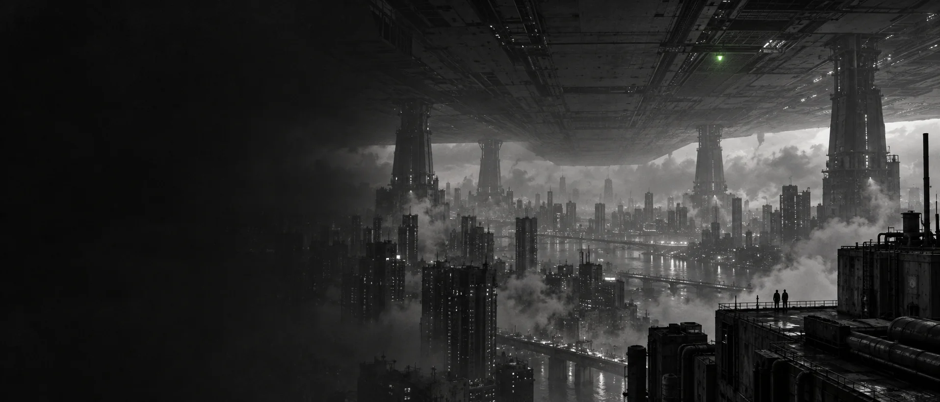 A megacity under a colossal compute platform, two people watching from a rooftop