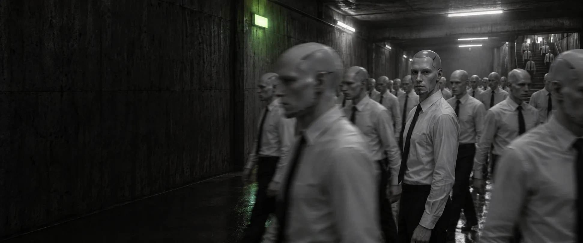 A crowd of identical androids in an underpass, one looking at the camera