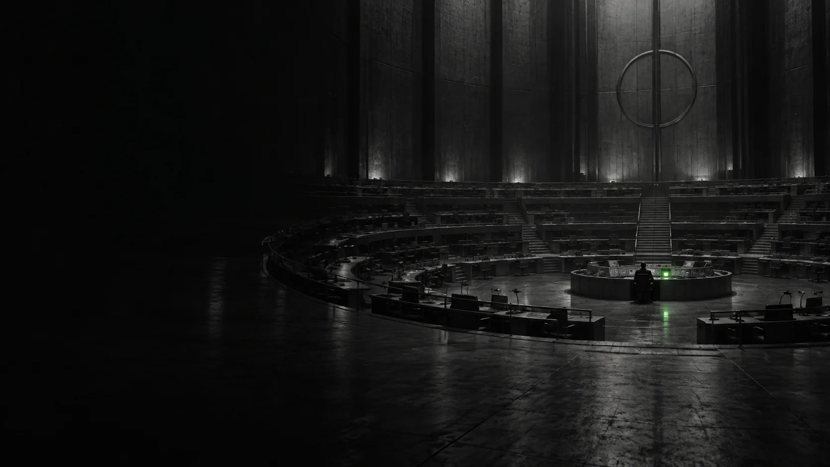 A circular concrete control chamber, one operator at the central desk