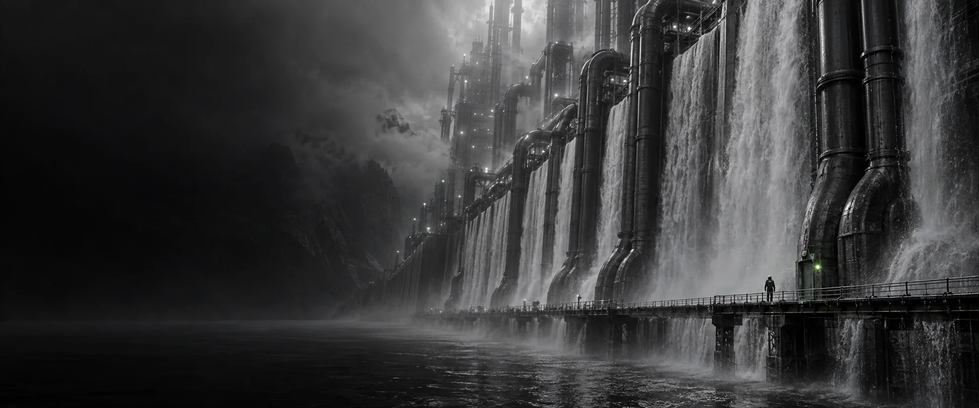 A wall of giant cooling pipes pouring water into a dark reservoir, one inspector on the walkway