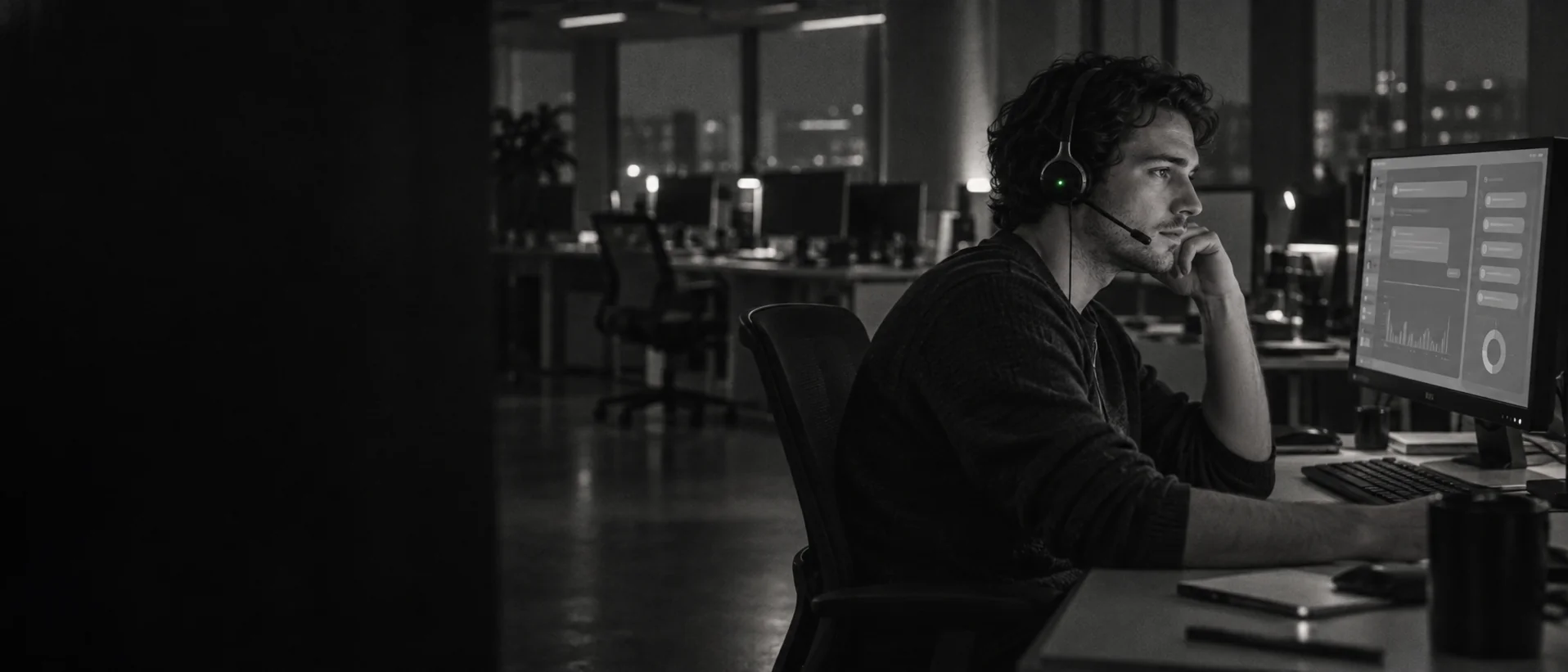 A support agent in a headset at a night-time desk, reading a chat on screen