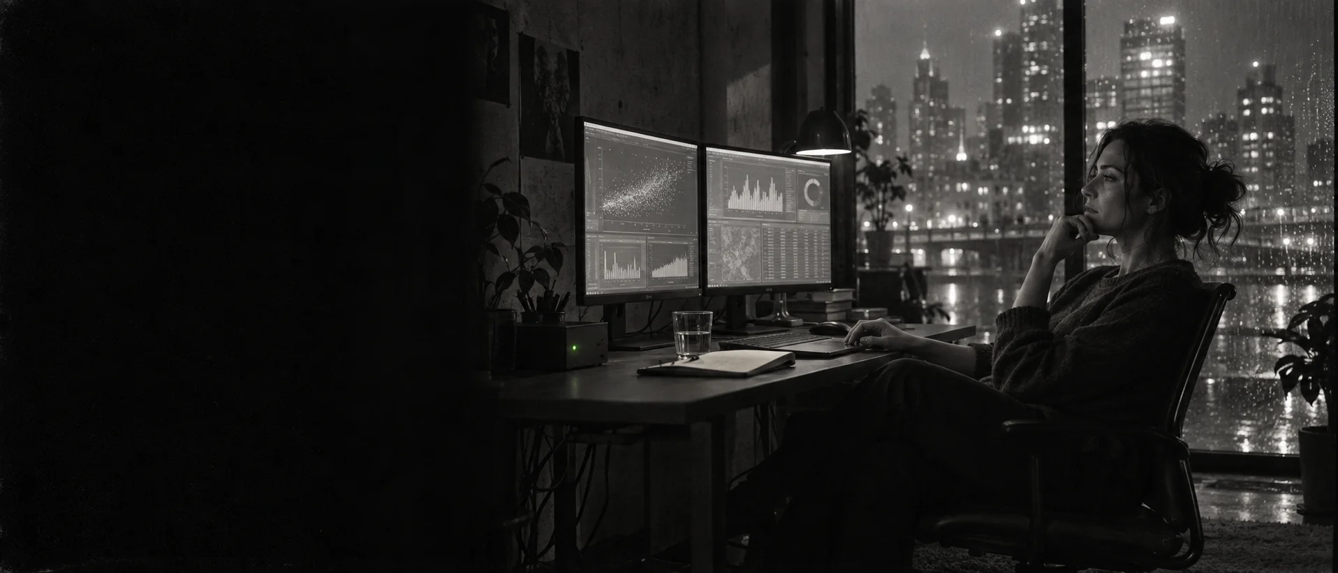 An analyst at a window desk at night, charts on two monitors, the city in the rain behind her