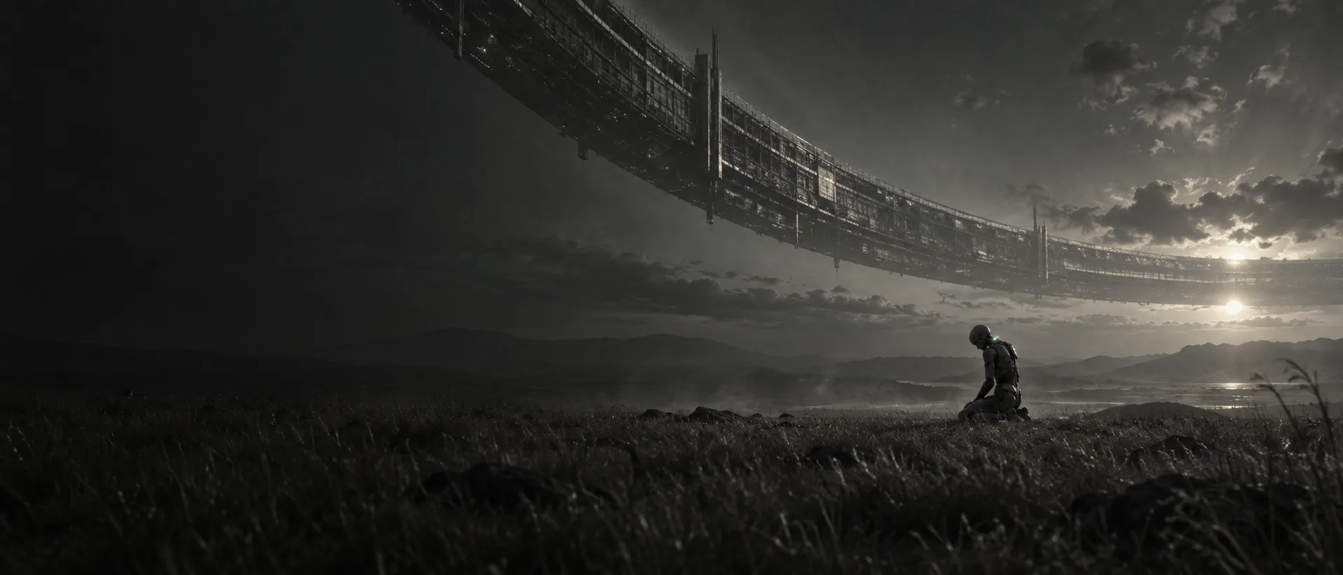 A lone android kneeling in a grass field under an orbital ring