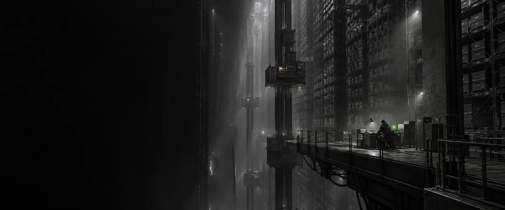 A deep archive shaft of stacked records and lifts, one archivist at a lamp-lit desk on a gantry
