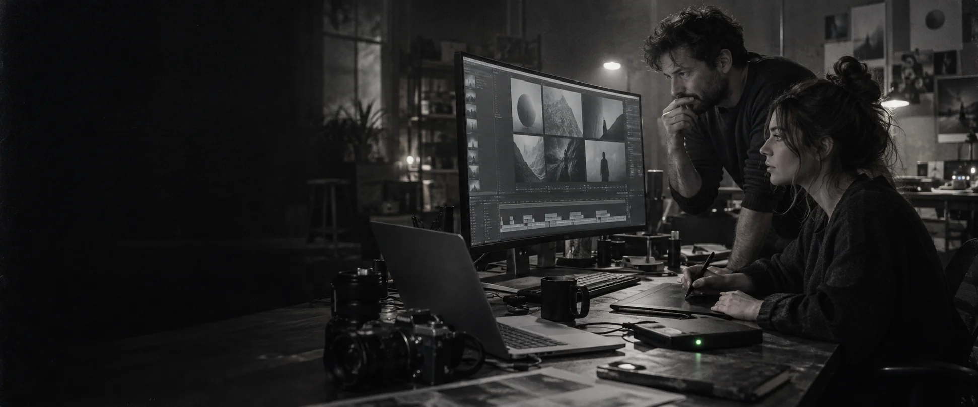 Two editors reviewing a video timeline and photo grid late at night