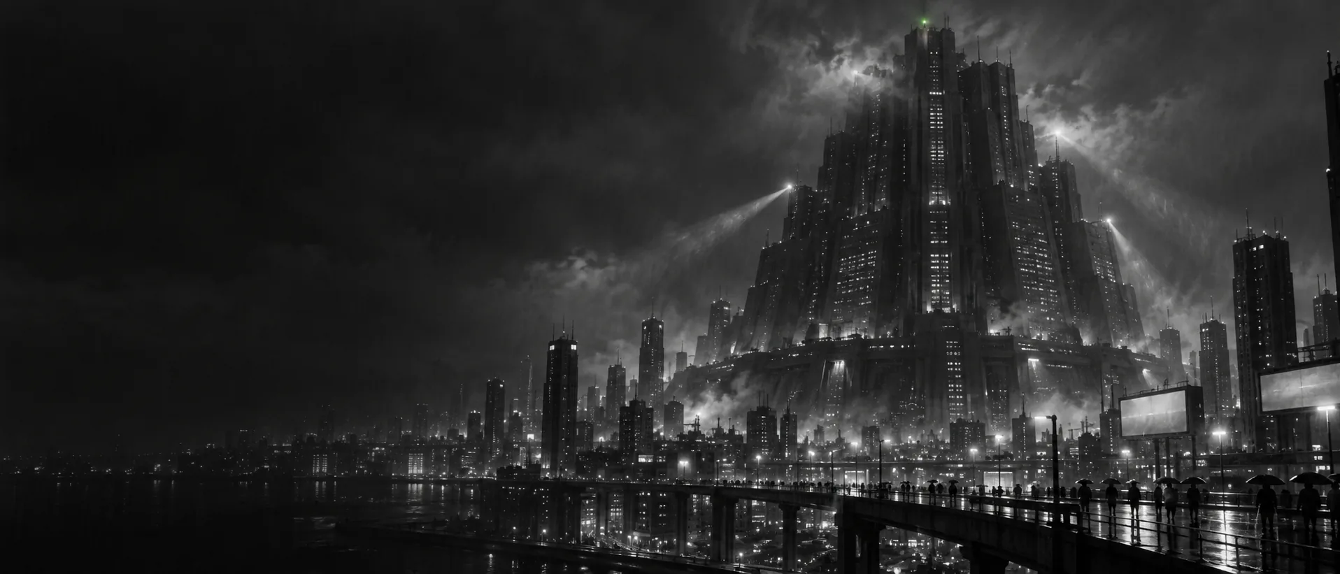 A black compute tower rising out of a rain-soaked megacity