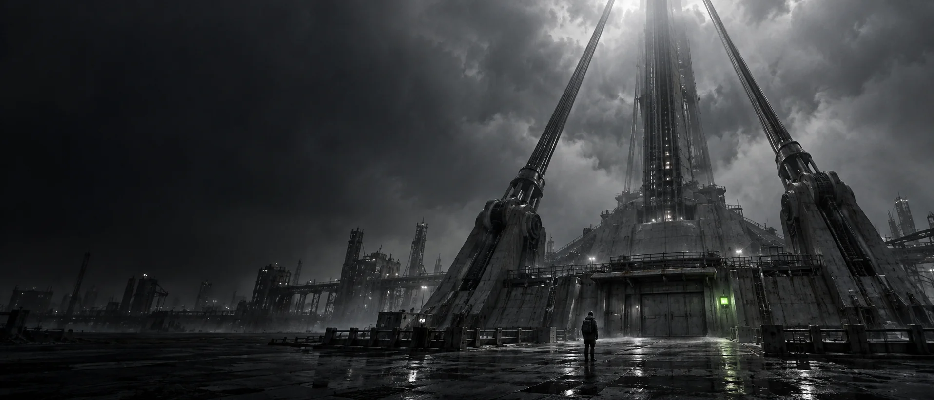 The base of a space elevator tethered into storm clouds, one engineer on the wet plaza