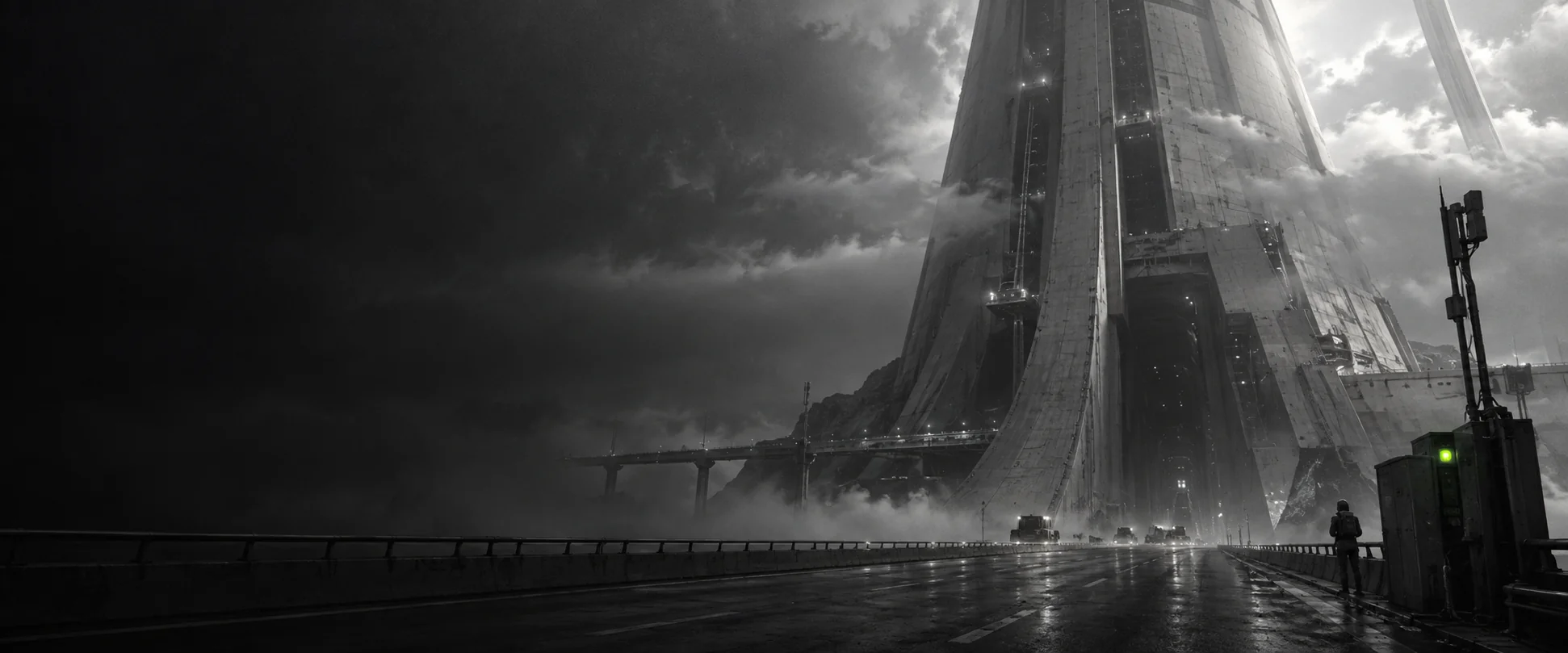 The foot of a vast ring pylon rising into cloud, one figure by a green-lit cabinet on the causeway