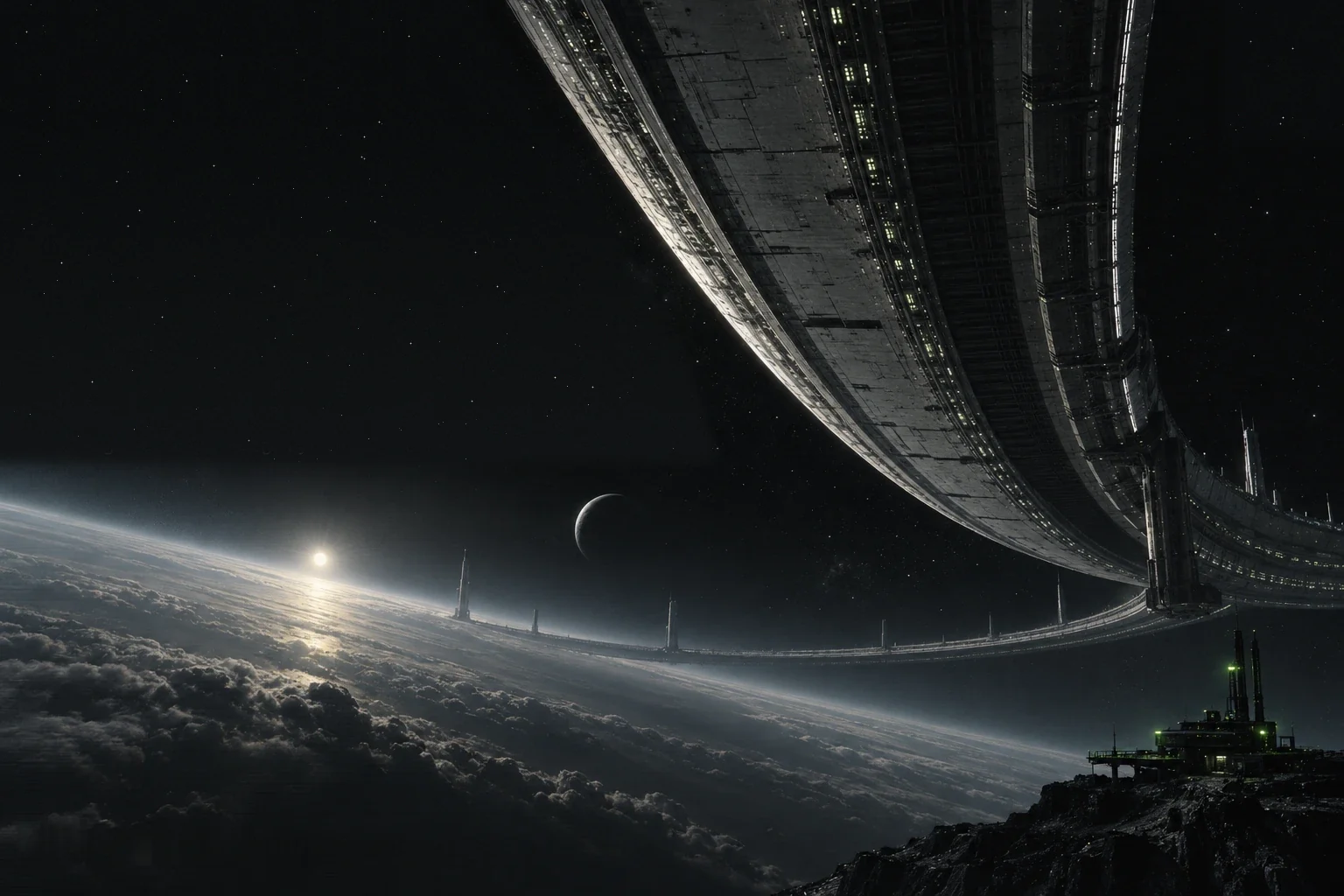 A colossal orbital ring over a planet, a small outpost on a ridge