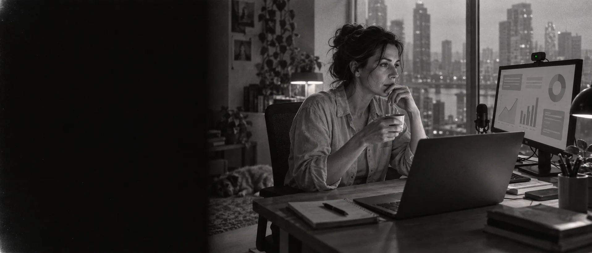 A seller at a home desk at night, coffee in hand, preparing with charts on screen
