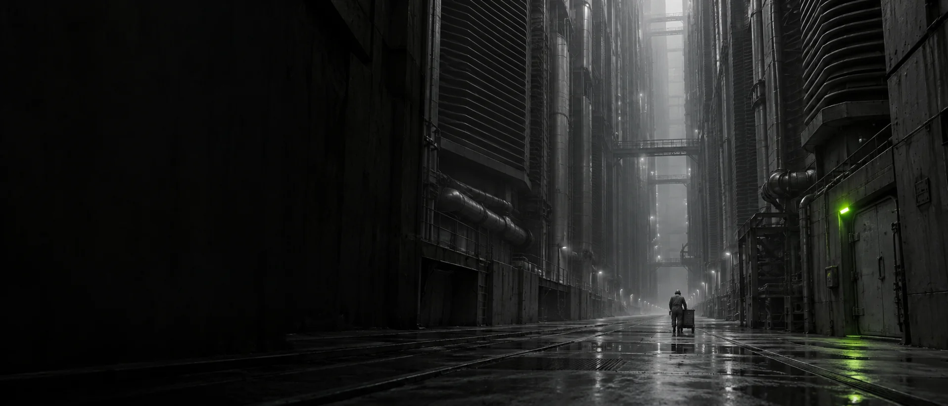 A narrow canyon between industrial towers, one worker pushing a cart down the wet service road